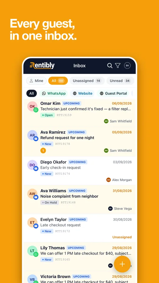 Rentibly Inbox: Every guest, in one inbox. Every channel, with who owns each conversation.