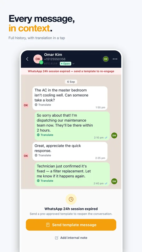 Rentibly Inbox: Every message, in context. Full history, with translation in a tap.