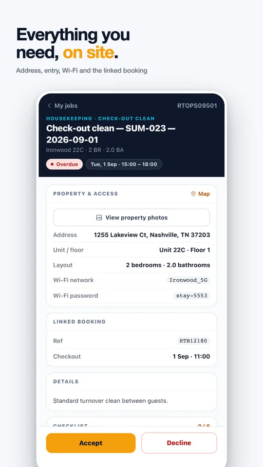 Rentibly Ops: Everything you need, on site. Address, entry, Wi‑Fi and the linked booking.