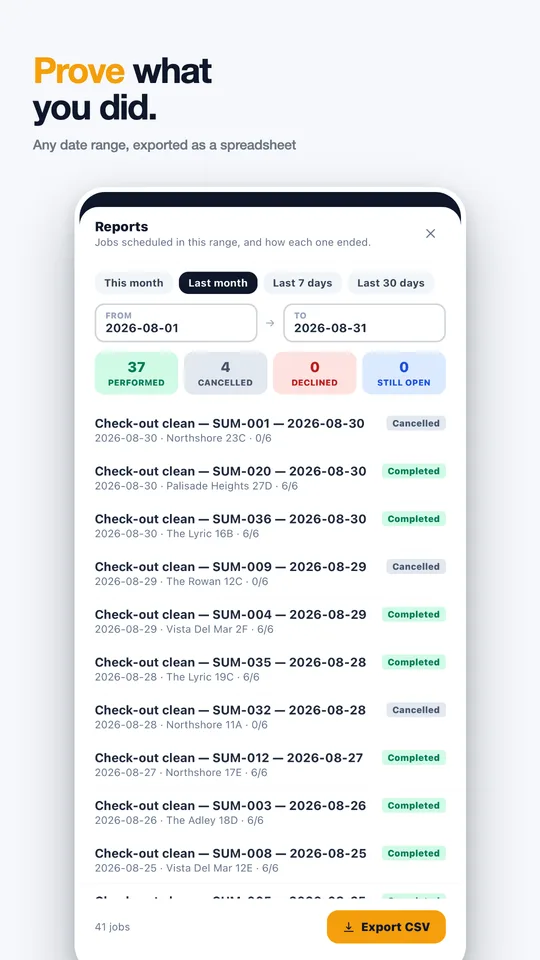 Rentibly Ops: Prove what you did. Any date range, exported as a spreadsheet.