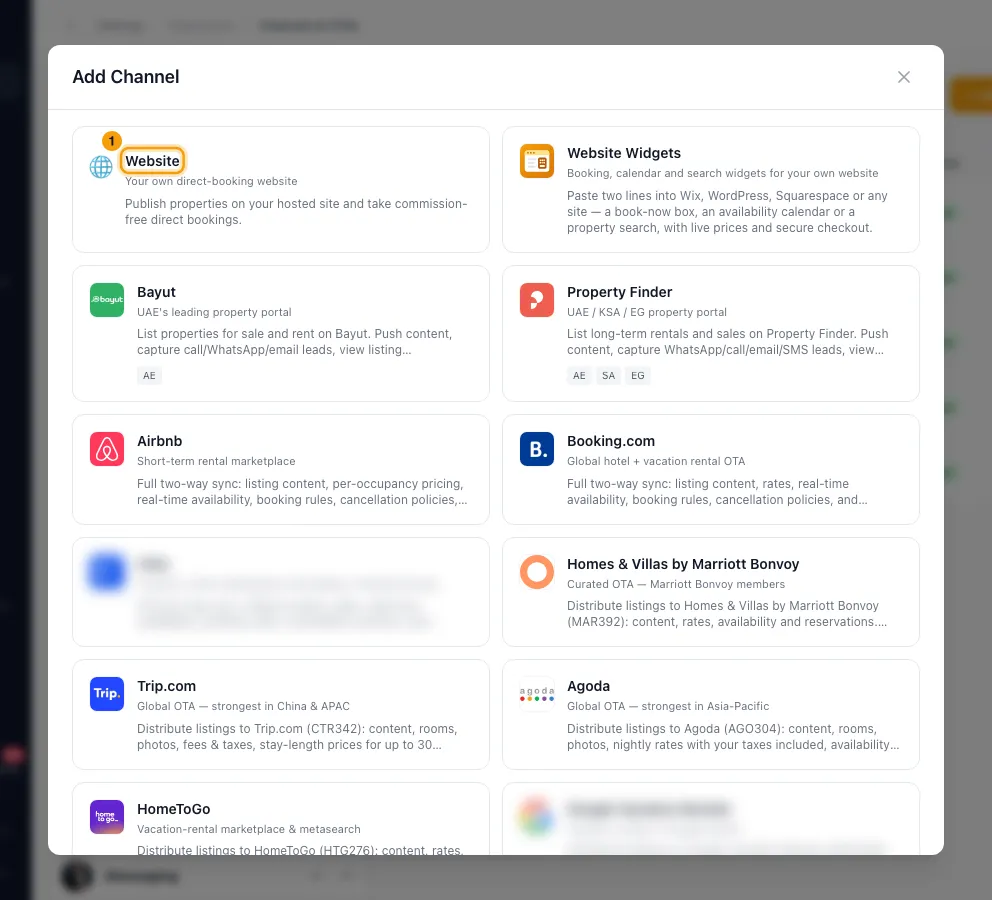 Add live chat and a WhatsApp button to your Rentibly website: step 1 in Rentibly, with Website marked.