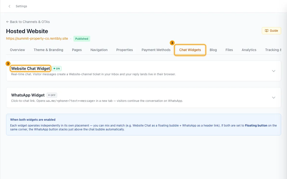 Add live chat and a WhatsApp button to your Rentibly website: step 3 in Rentibly, with Chat Widgets, Website Chat Widget marked.