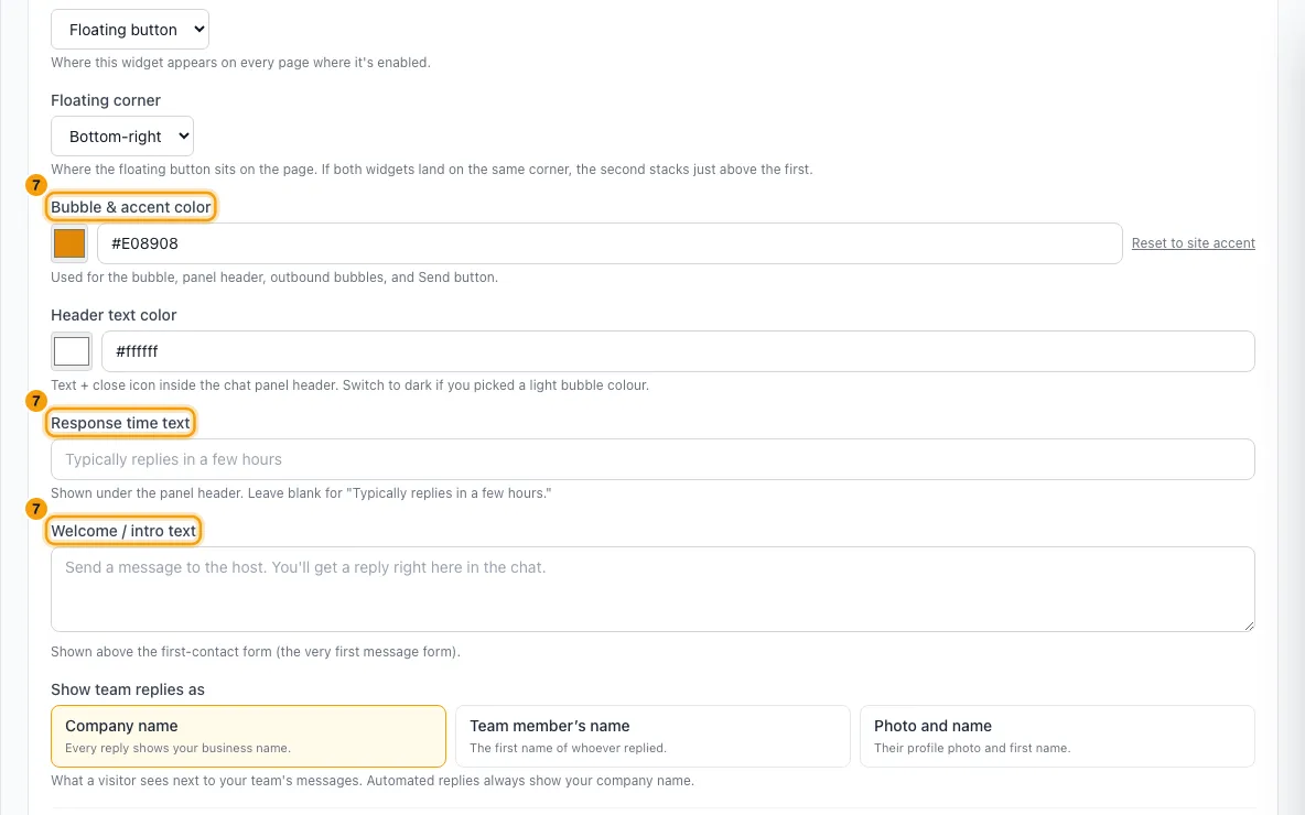 Add live chat and a WhatsApp button to your Rentibly website: step 7 in Rentibly, with Bubble & accent color, Response time text, Welcome / intro text marked.
