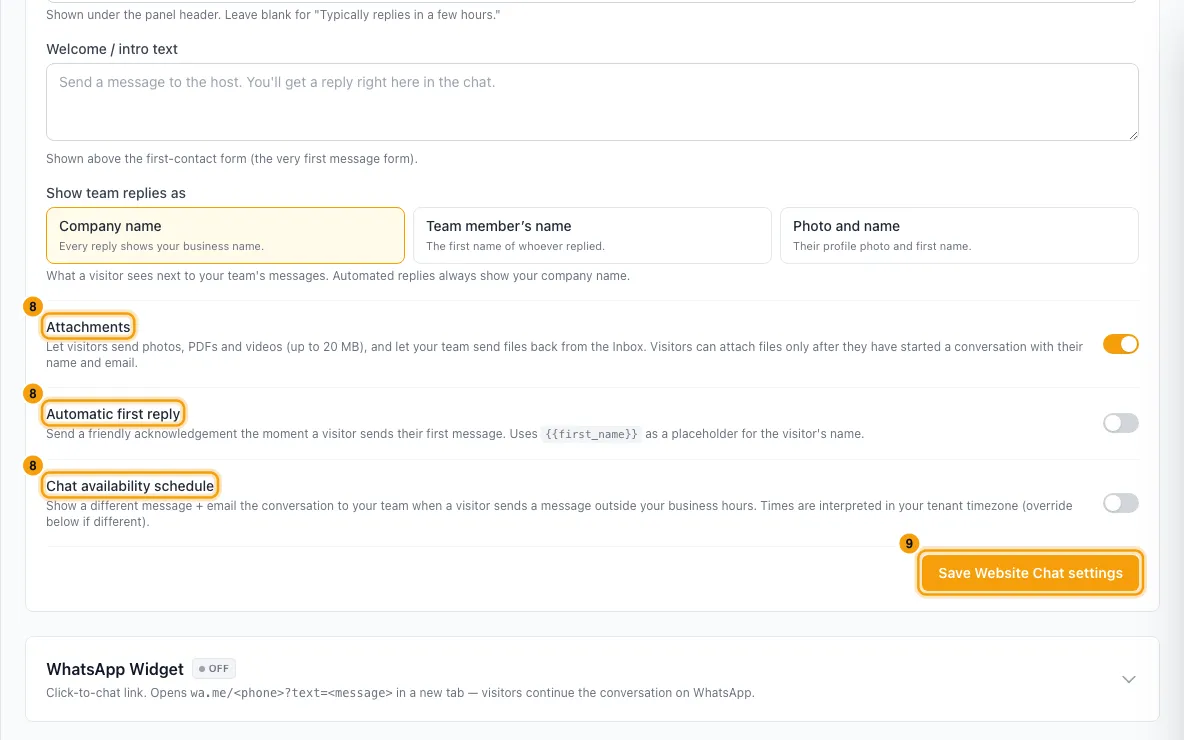 Add live chat and a WhatsApp button to your Rentibly website: steps 8 and 9 in Rentibly, with Attachments, Automatic first reply, Chat availability schedule marked.