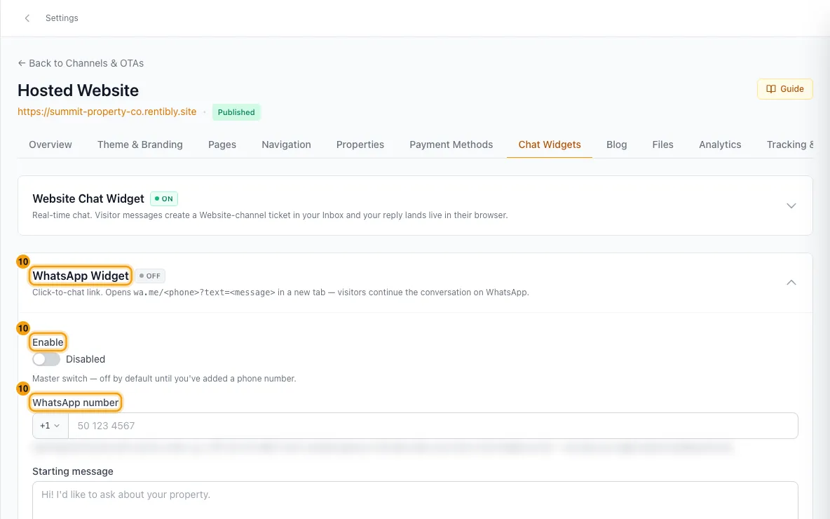 Add live chat and a WhatsApp button to your Rentibly website: step 10 in Rentibly, with WhatsApp Widget, Enable, WhatsApp number marked.