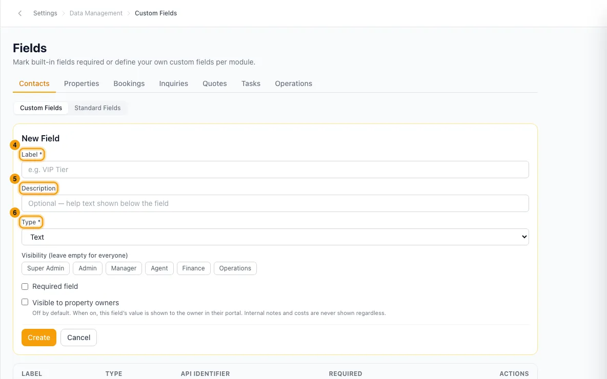Add custom fields and tags: steps 4, 5 and 6 in Rentibly, with Label, Description, Type marked.
