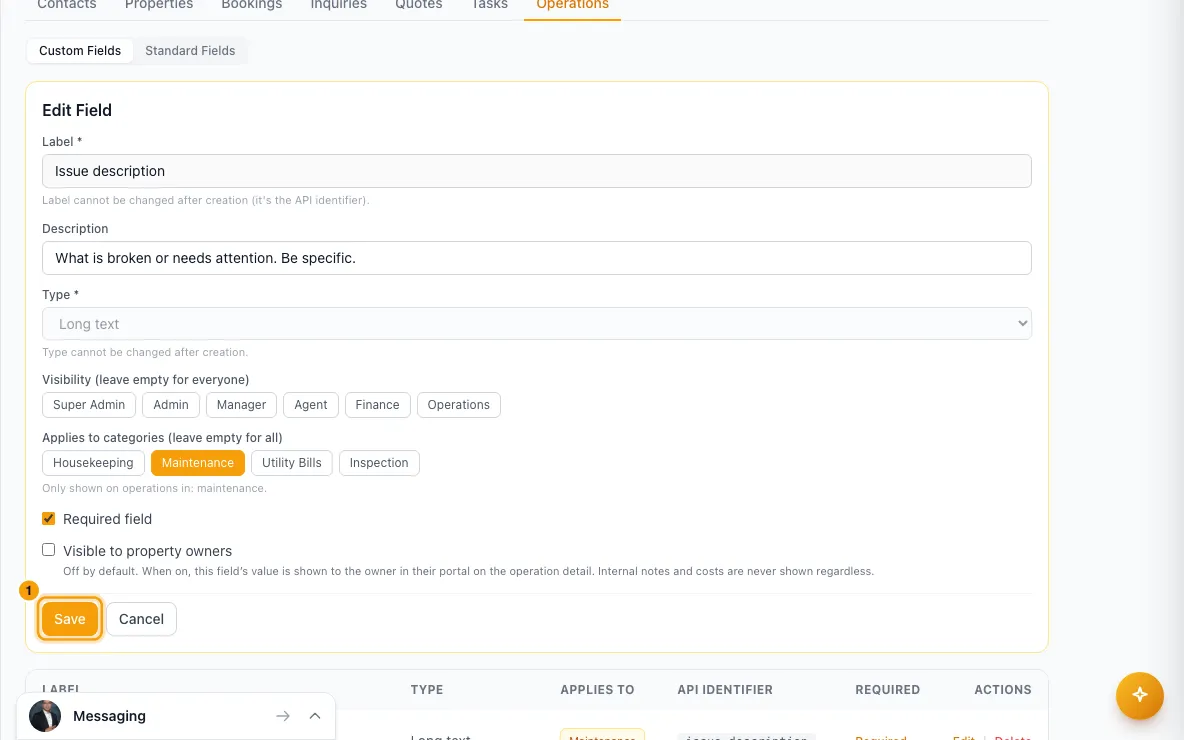 Add custom fields and tags: step 1 in Rentibly, with Save marked.