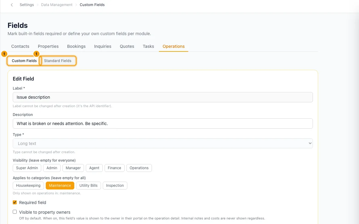 Add custom fields and tags: step 1 in Rentibly, with Custom Fields, Standard Fields marked.