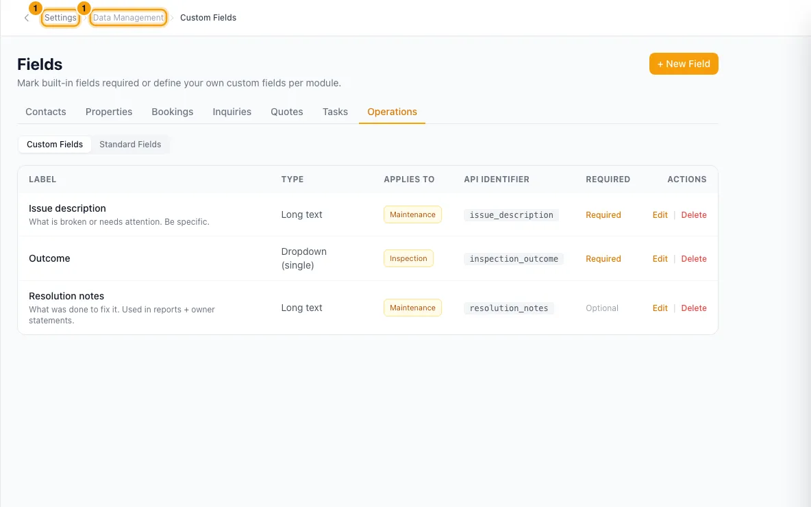 Add custom fields and tags: step 1 in Rentibly, with Settings, Data Management marked.