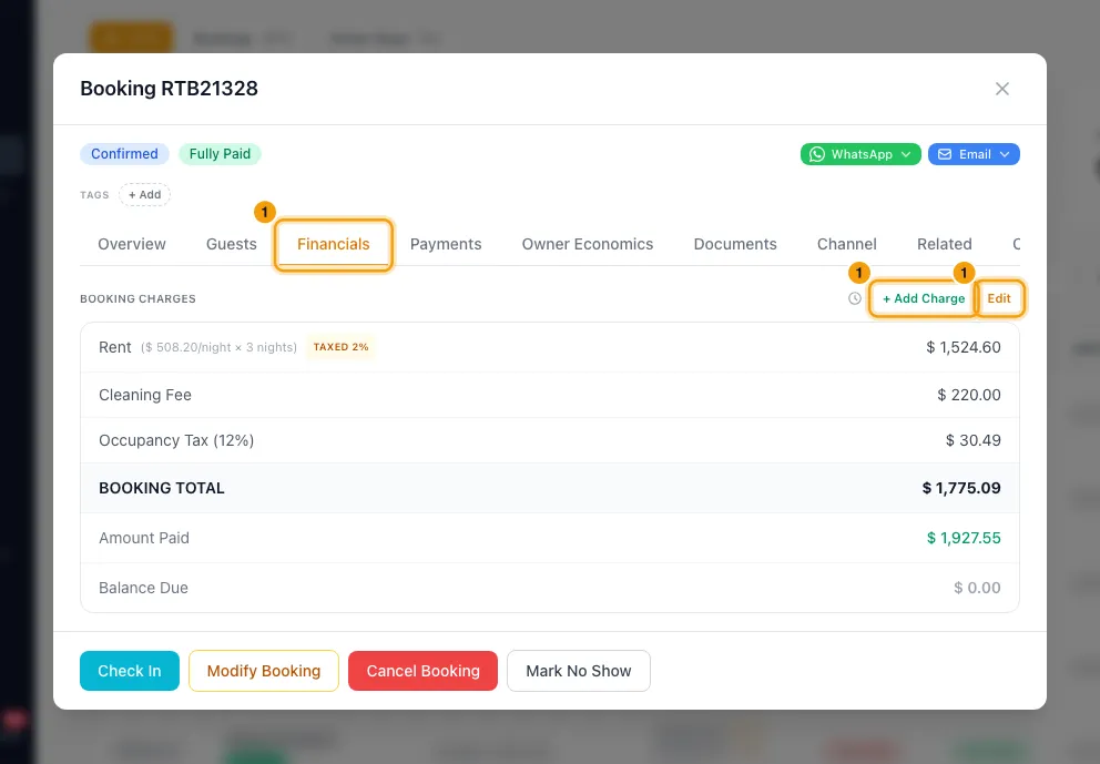 Add a fee, tax or discount to a booking: step 1 in Rentibly, with Financials, + Add Charge, Edit marked.
