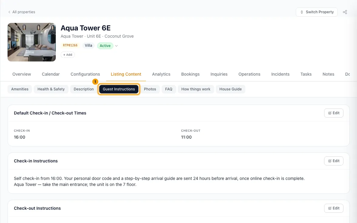 Add guest instructions, FAQs and a house guide: step 1 in Rentibly, with Guest Instructions marked.