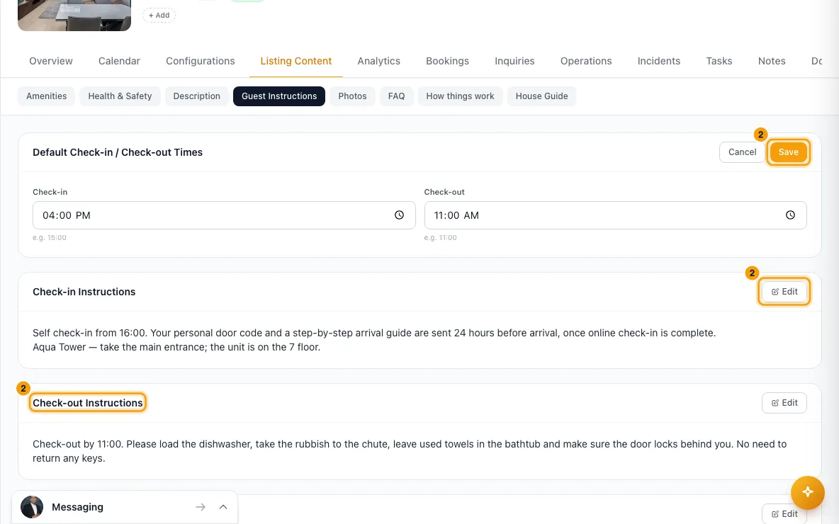 Add guest instructions, FAQs and a house guide: step 2 in Rentibly, with Edit, Save, Check-out Instructions marked.
