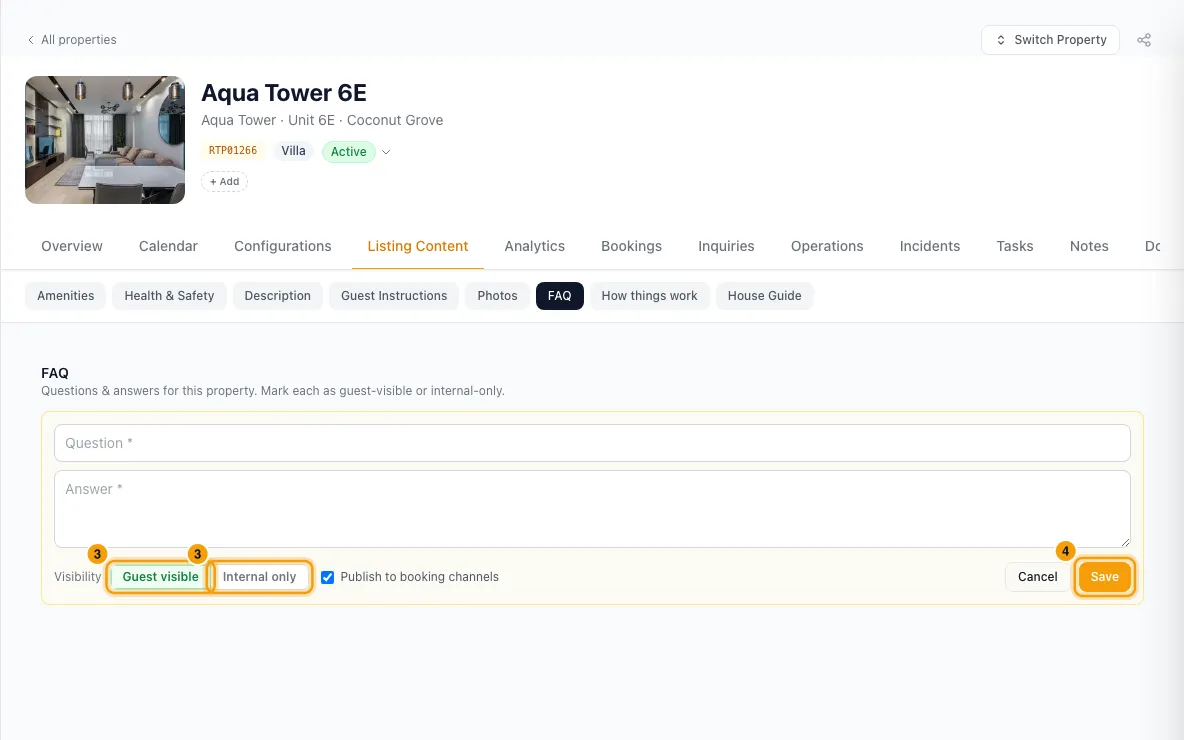 Add guest instructions, FAQs and a house guide: steps 3 and 4 in Rentibly, with Guest visible, Internal only, Save marked.