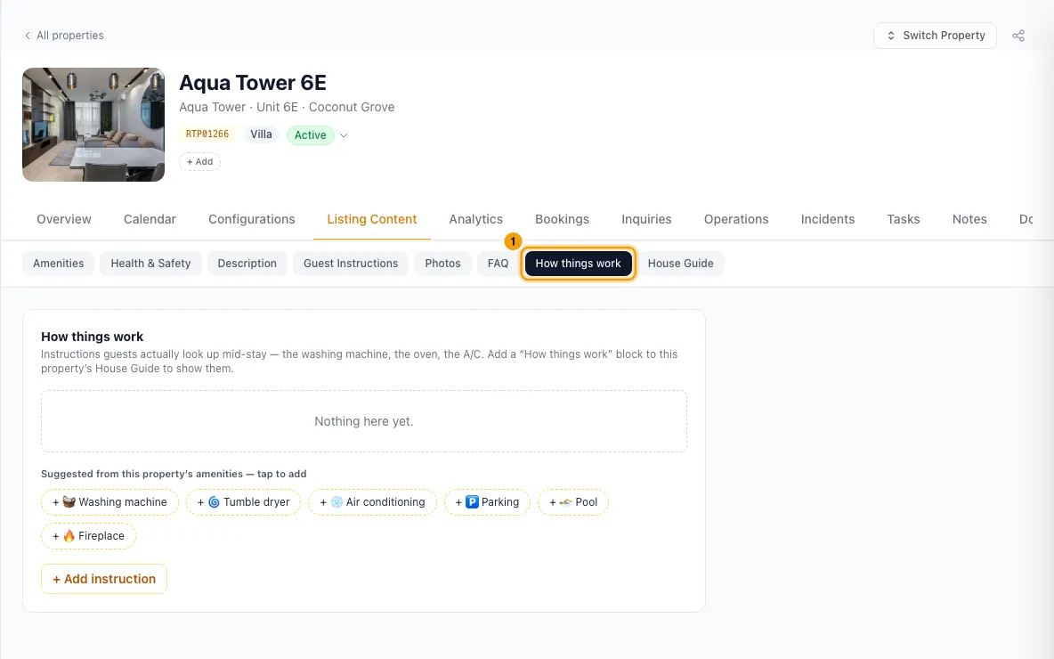 Add guest instructions, FAQs and a house guide: step 1 in Rentibly, with How things work marked.
