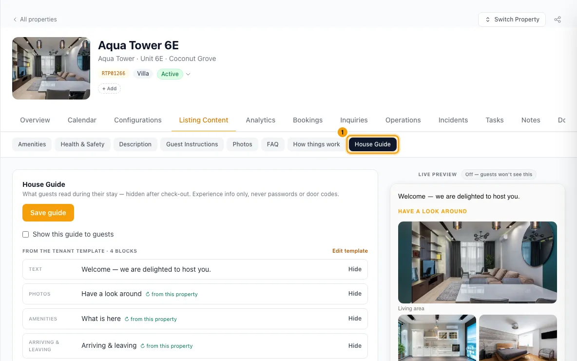 Add guest instructions, FAQs and a house guide: step 1 in Rentibly, with House Guide marked.