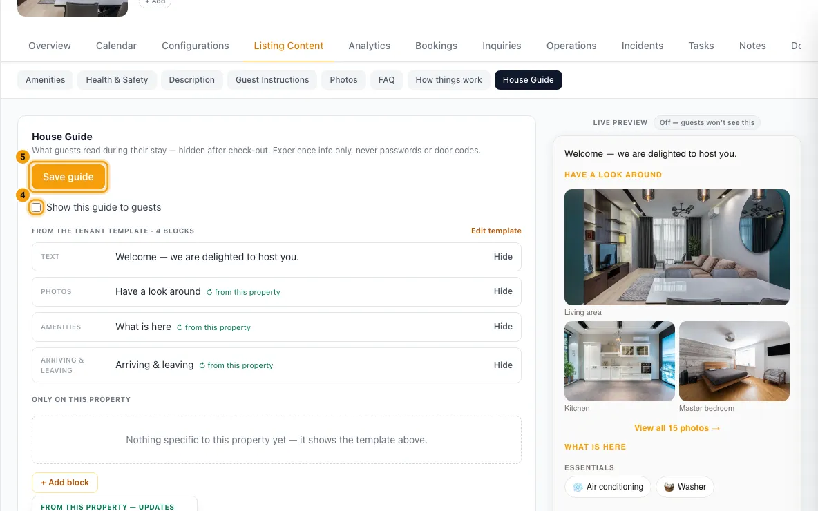 Add guest instructions, FAQs and a house guide: steps 4 and 5 in Rentibly, with Show this guide to guests, Save guide marked.