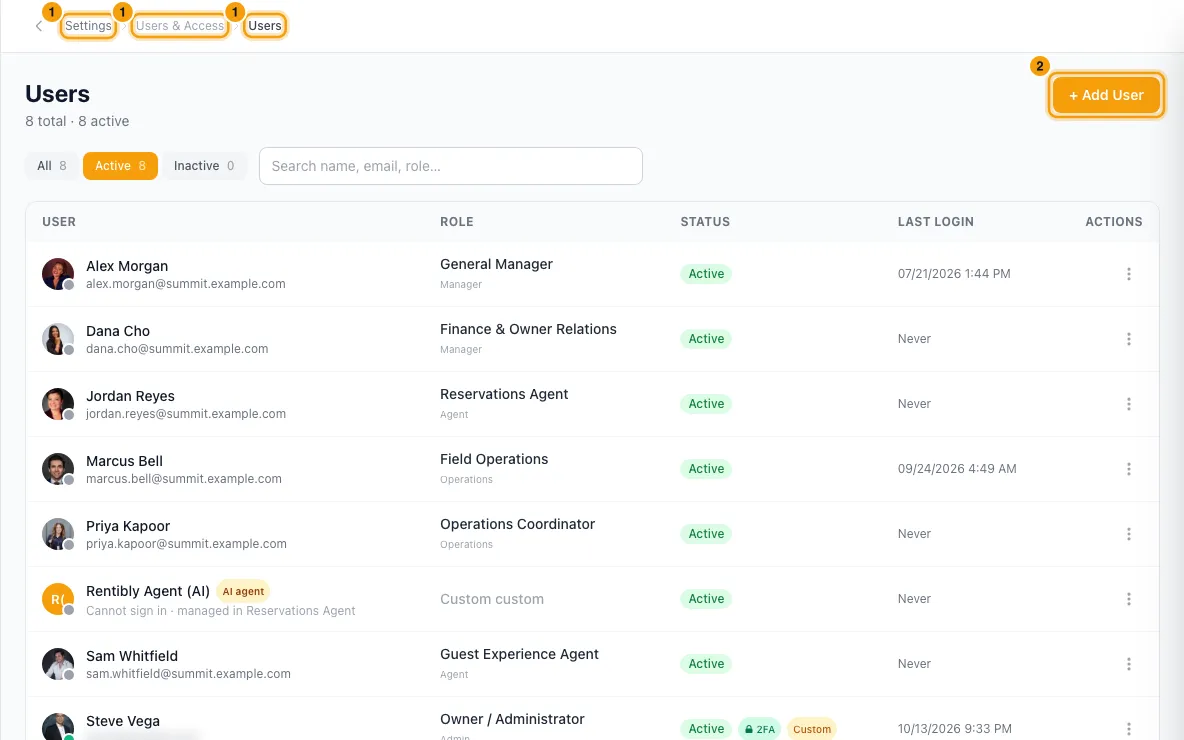 Add a team member and set their role: steps 1 and 2 in Rentibly, with Settings, Users & Access, Users marked.