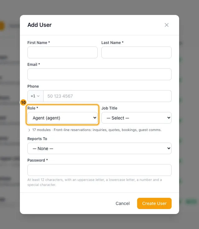Add a team member and set their role: step 10 in Rentibly, with Role marked.