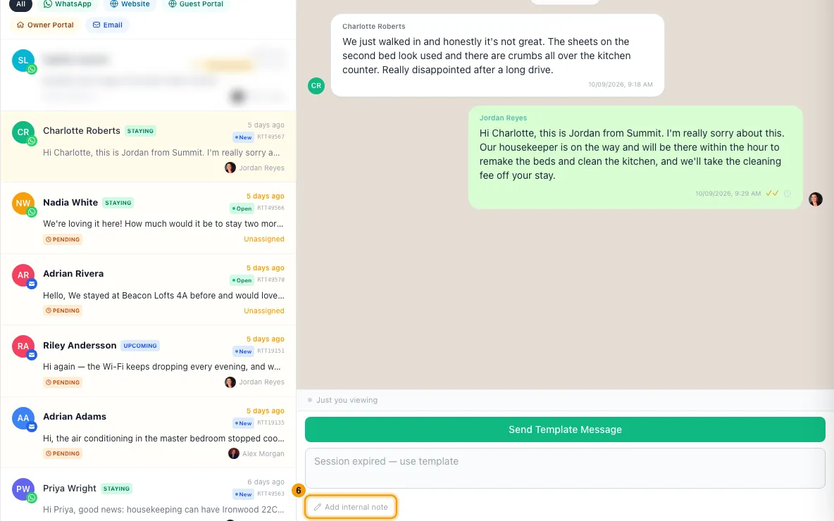 Assign and handle conversations in the Inbox: steps 4 and 6 in Rentibly, with conversation, Add internal note marked.