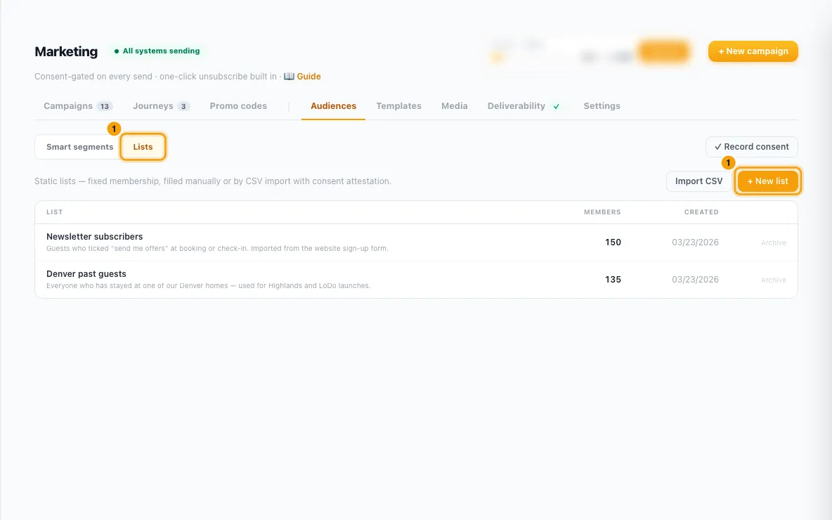 "Build audiences: segments, lists and consent": step 1 in Rentibly, with Lists, + New list marked.