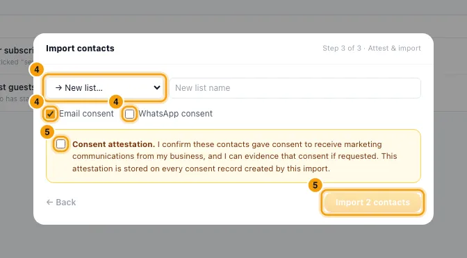 "Build audiences: segments, lists and consent": steps 4 and 5 in Rentibly, with the list, Email consent, WhatsApp consent marked.