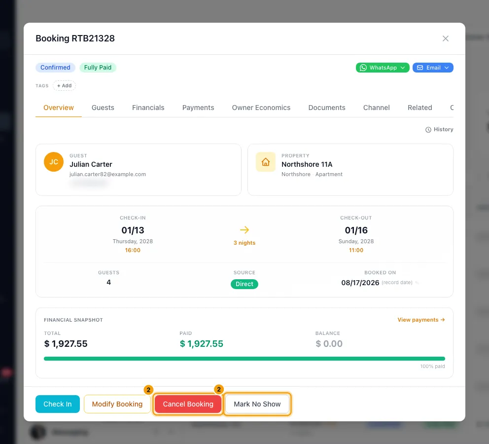 Cancel a booking or mark a no-show: step 2 in Rentibly, with Cancel Booking, Mark No Show marked.