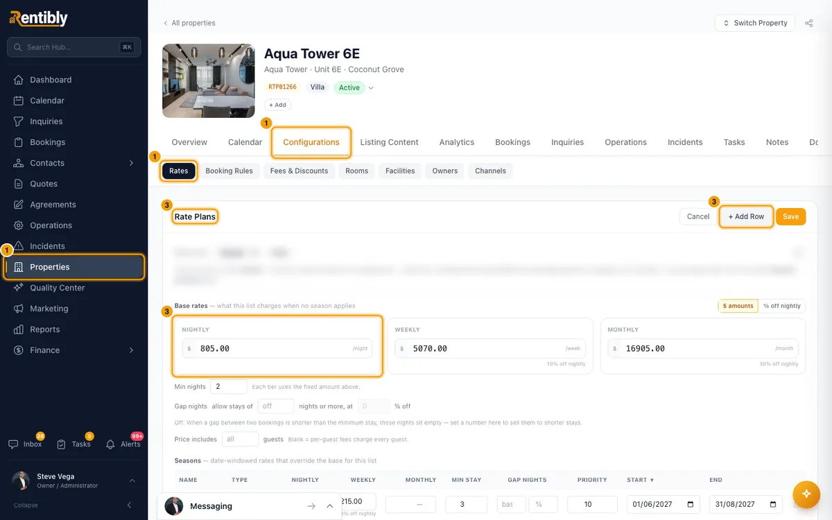 Change nightly rates and minimum stay: steps 1 and 3 in Rentibly, with Properties, Configurations, Rates marked.
