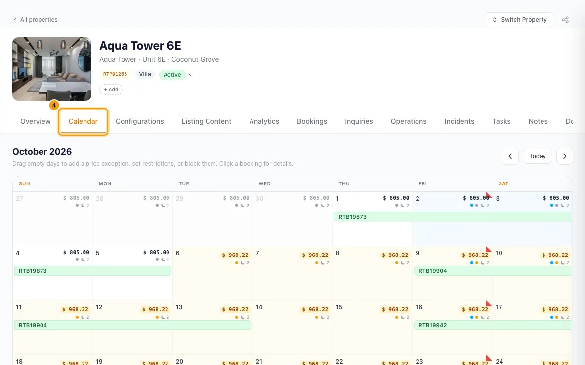 Change nightly rates and minimum stay: step 4 in Rentibly, with Calendar marked.