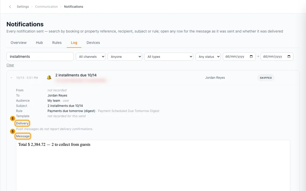 Check whether a notification was sent (Notification Log): step 5 in Rentibly, with Delivery, Message marked.