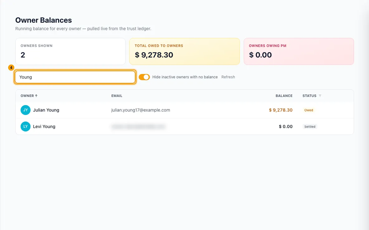 See what you owe each owner (Owner Balances): step 4 in Rentibly, with Search owners… marked.