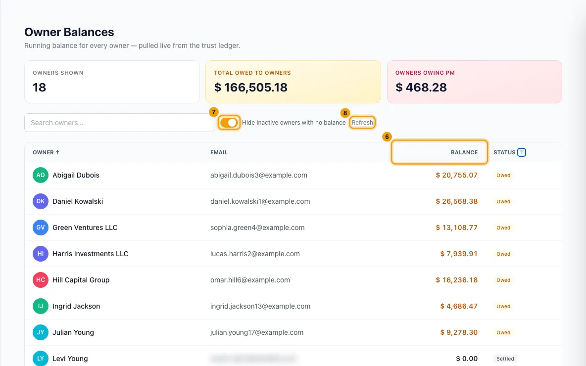 See what you owe each owner (Owner Balances): steps 6, 7 and 8 in Rentibly, with Balance column, Hide inactive owners with no balance, Refresh marked.