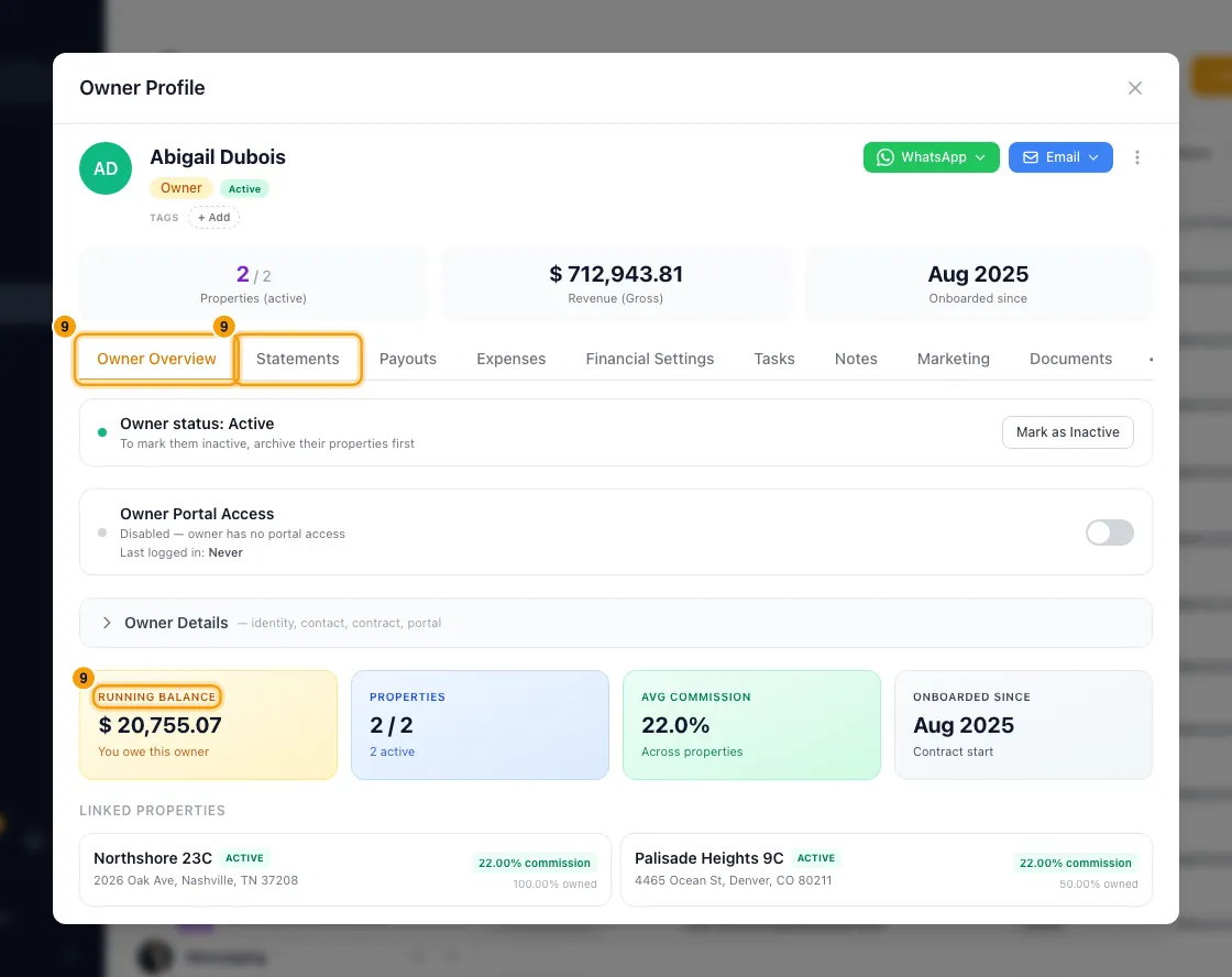 See what you owe each owner (Owner Balances): step 9 in Rentibly, with Owner Overview, Running Balance, Statements marked.