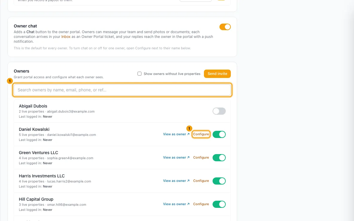 Choose what an owner sees in the owner portal: step 1 in Rentibly, with Owners, Configure marked.