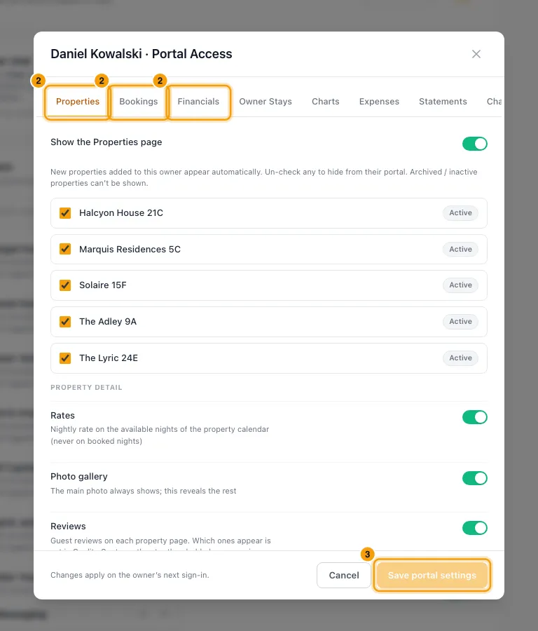 Choose what an owner sees in the owner portal: steps 2 and 3 in Rentibly, with Properties, Bookings, Financials marked.