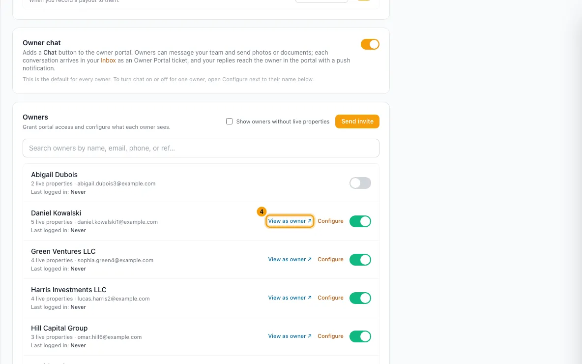 Choose what an owner sees in the owner portal: step 4 in Rentibly, with View as owner ↗ marked.