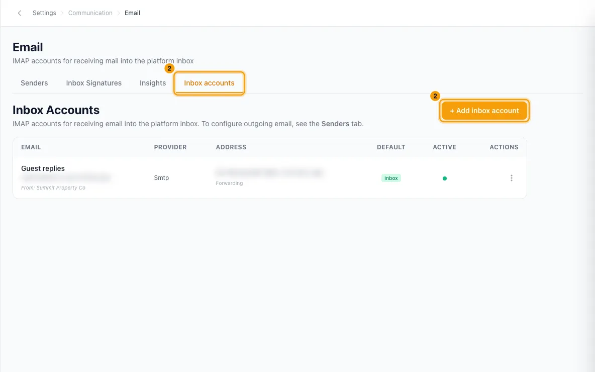Connect an email account and set signatures: step 2 in Rentibly, with Inbox accounts, + Add inbox account marked.