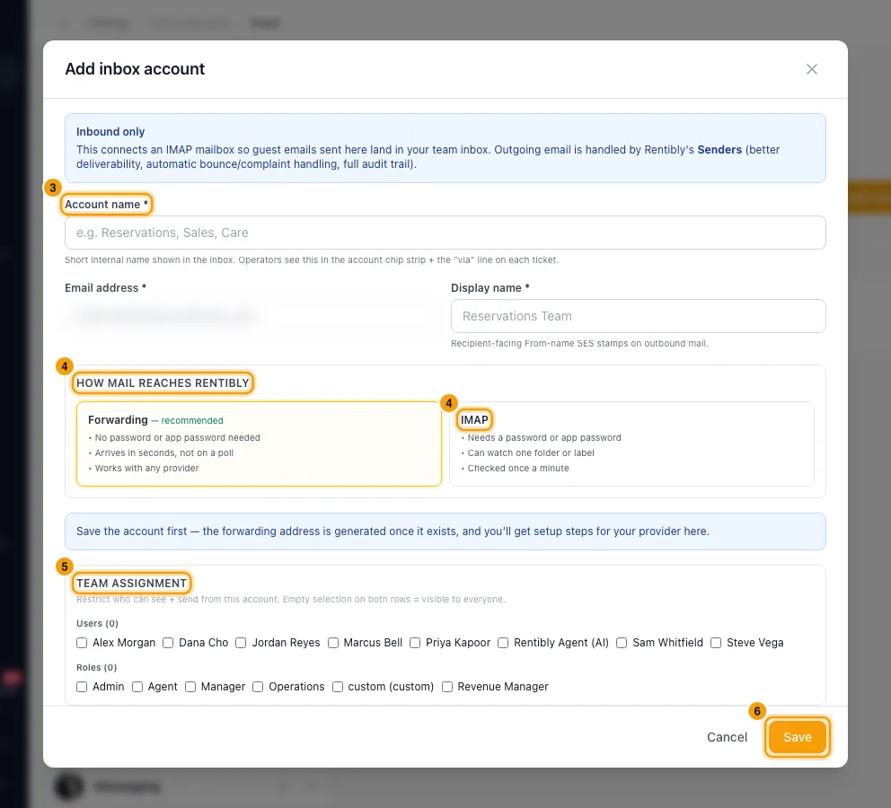 Connect an email account and set signatures: steps 3, 4, 5 and 6 in Rentibly, with Account name, How mail reaches Rentibly, IMAP marked.