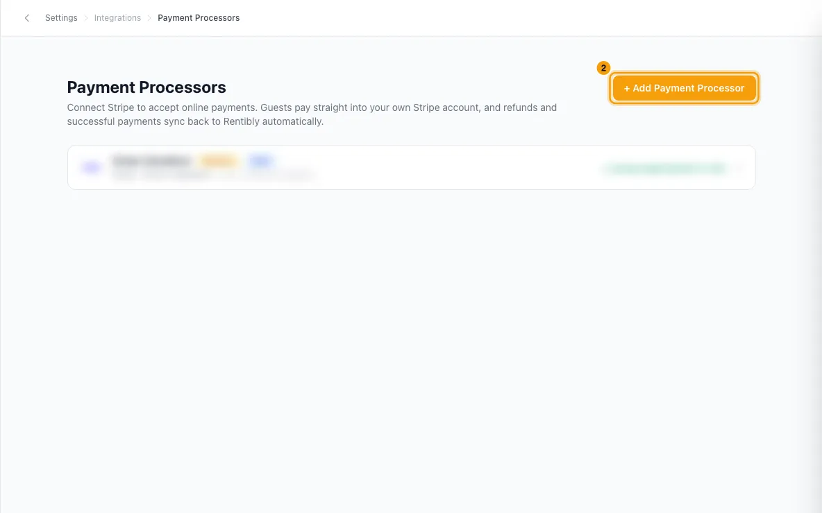 Connect Stripe to take payments: step 2 in Rentibly, with + Add Payment Processor marked.