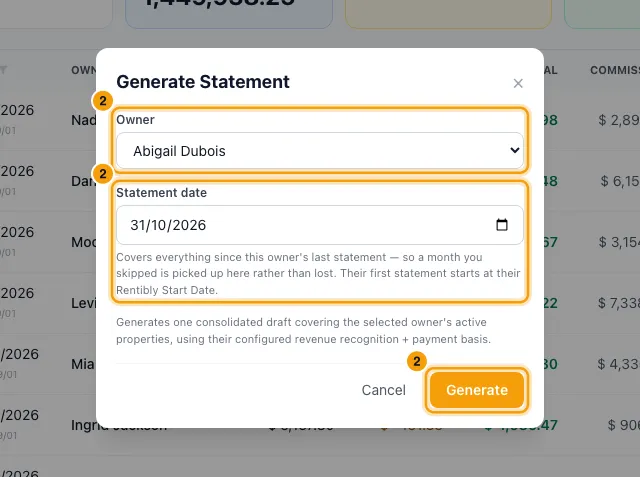 Create, approve and send an owner statement: step 2 in Rentibly, with Owner, Statement date, Generate marked.