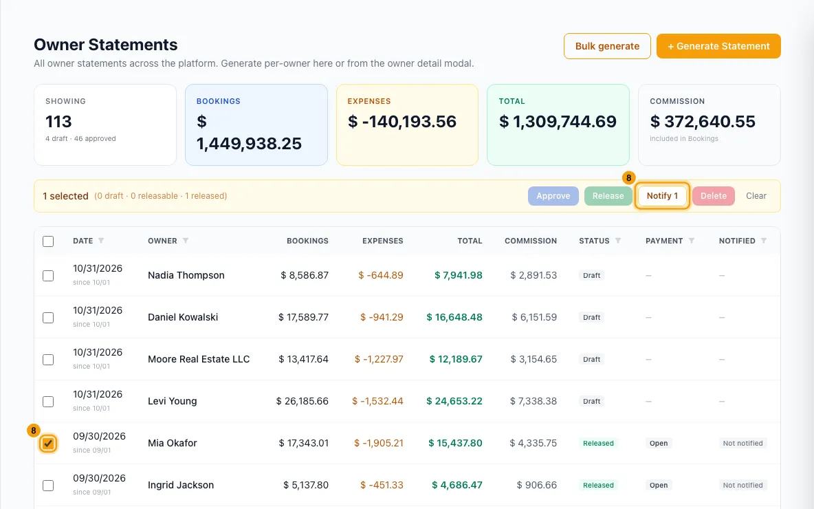 Create, approve and send an owner statement: step 8 in Rentibly, with Notify, Notify marked.