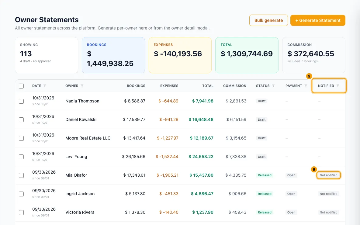 Create, approve and send an owner statement: step 9 in Rentibly, with Notified, Notified marked.