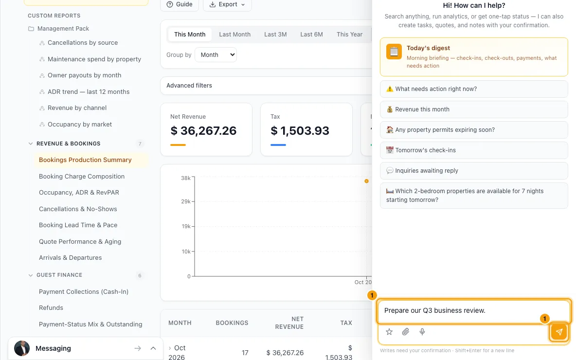 Create a business review presentation: step 1 in Rentibly, with Rentibly AI, Send marked.