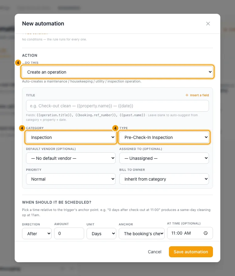 Create an operation automatically after another operation: step 4 in Rentibly, with …do this, …do this, …do this marked.