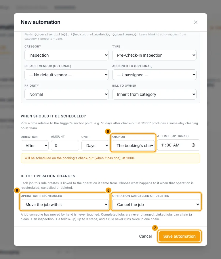 Create an operation automatically after another operation: steps 5, 6 and 7 in Rentibly, with Anchor, Operation rescheduled, Operation cancelled or deleted marked.