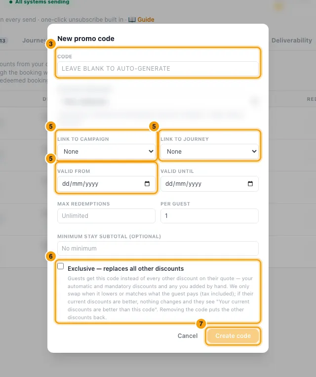 Create a promo code for guests: steps 3, 5, 6 and 7 in Rentibly, with Code, Link to campaign, Link to journey marked.