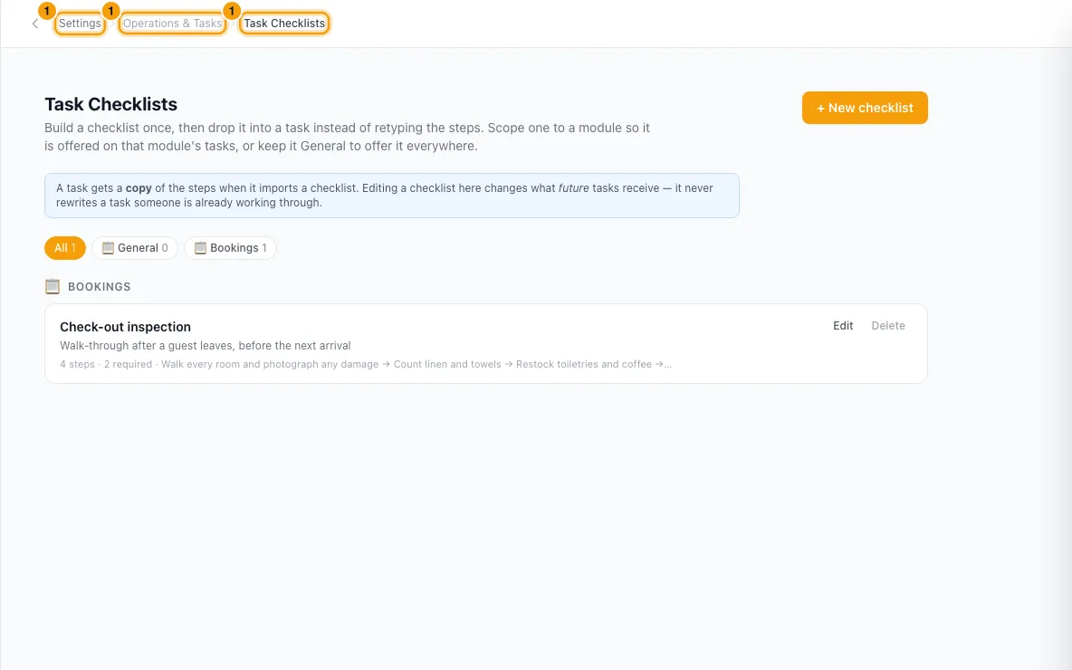 Create tasks and use task checklists: step 1 in Rentibly, with Settings, Operations & Tasks, Task Checklists marked.