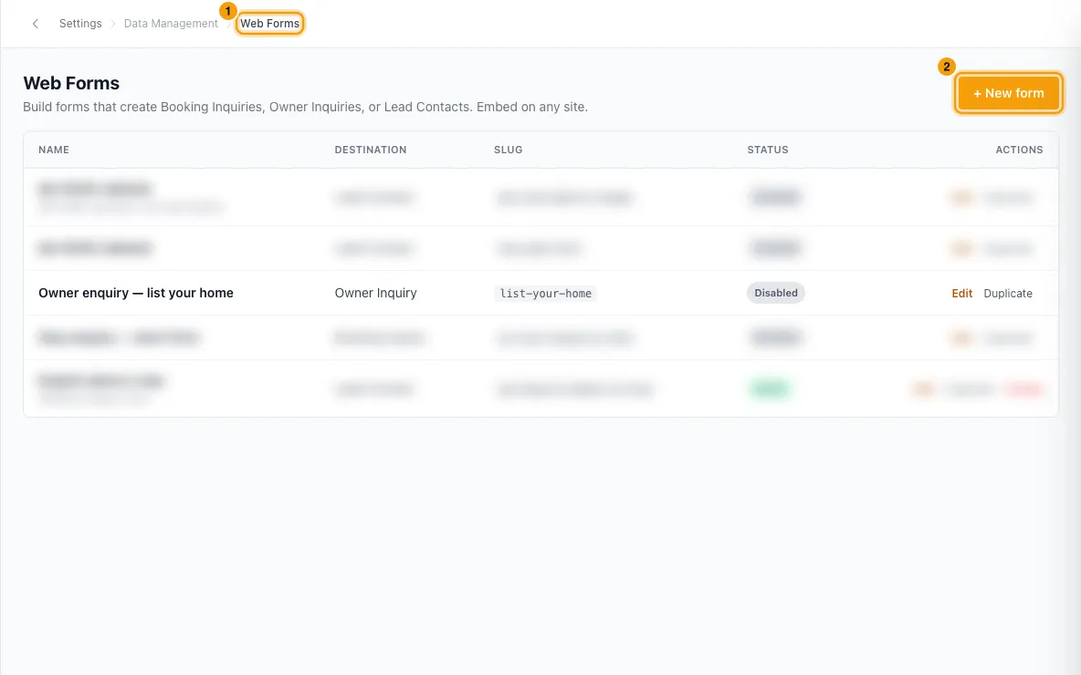 Create a web form for your website: steps 1 and 2 in Rentibly, with Web Forms, + New form marked.