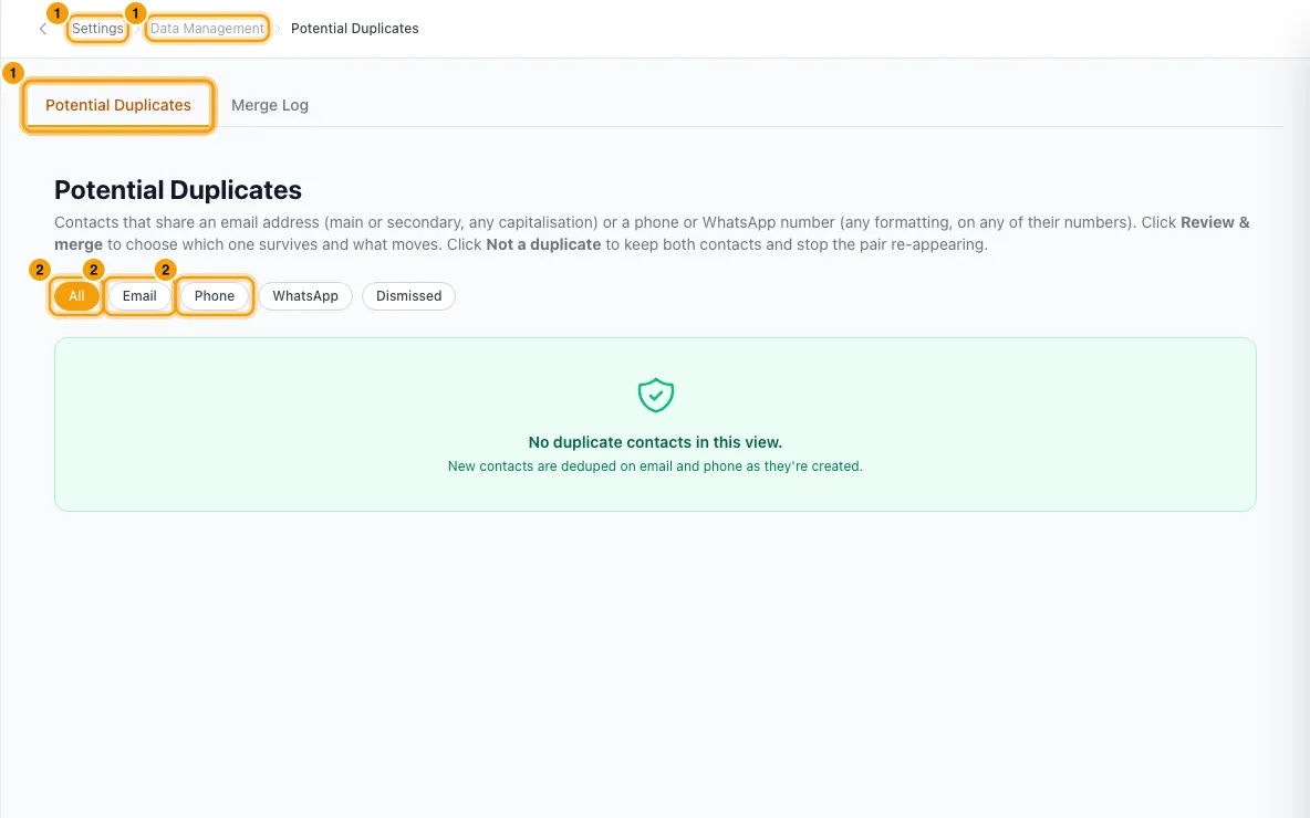 Find and merge duplicate contacts: steps 1, 2 and 3 in Rentibly, with Settings, Data Management, Potential Duplicates marked.