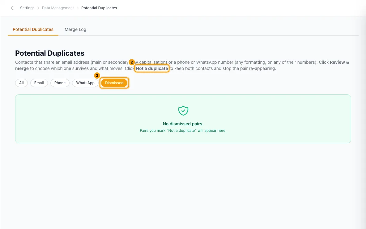 Find and merge duplicate contacts: steps 2 and 3 in Rentibly, with Not a duplicate, Dismissed marked.