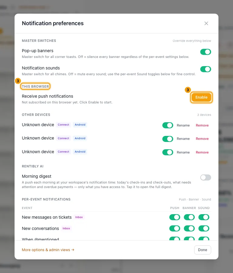 Get push notifications on your phone or browser: step 3 in Rentibly, with This browser, Enable marked.
